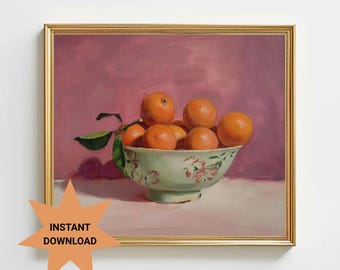 Vintage Stillleben Print: Rosa Orangen in antiker Schale, impressionistische Küchenkunst