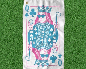 Queen of Clubs Women&#39;s Golf Towel - Blue & Pink - Ladies Golf Accessory, Gift for Her, Golf Towel for Women, Graphic Golf Towel, Bright