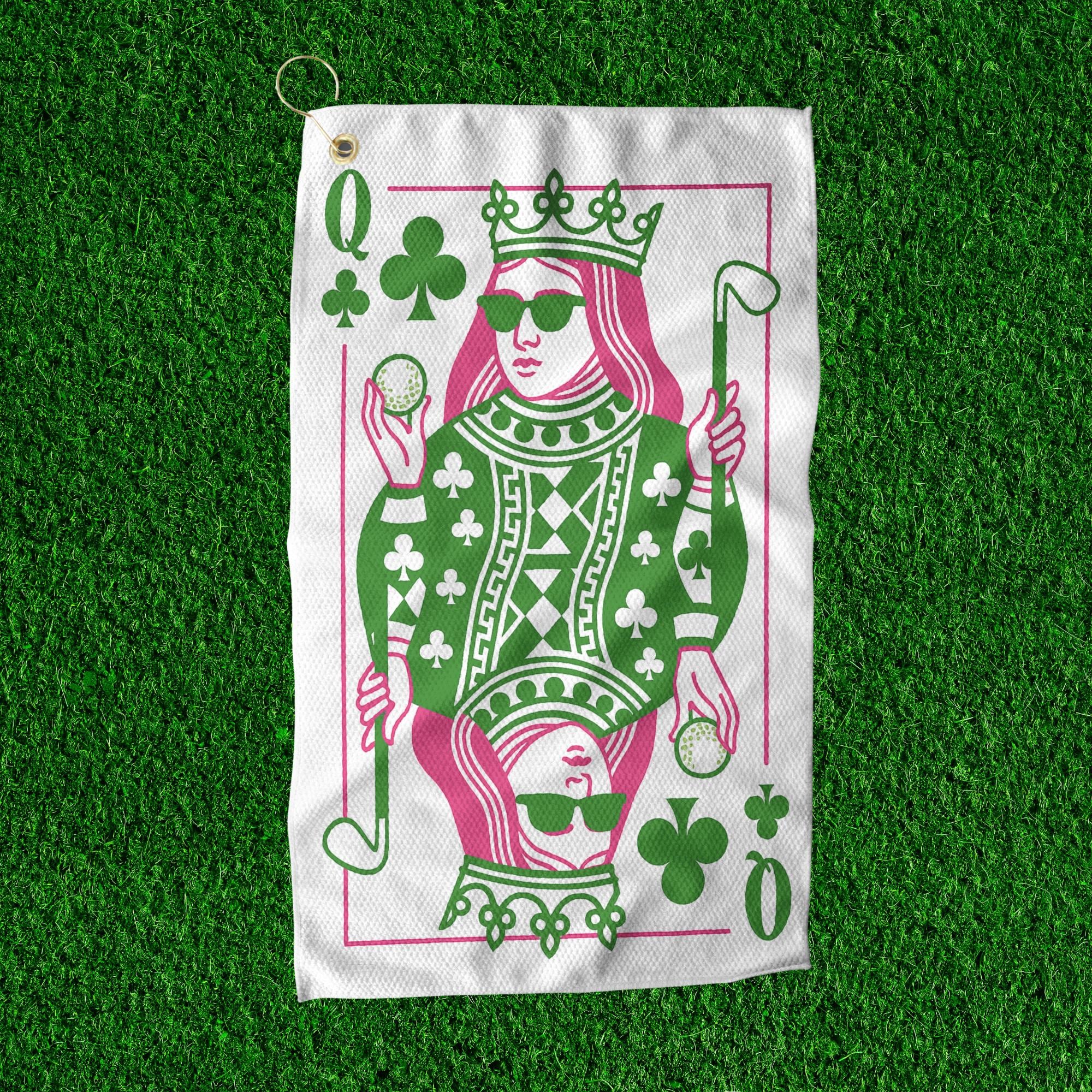 Queen of Clubs Women's Golf Towel - Pink & Green - Ladies Golf Accessory, Gift for Her, Golf Towel for Women, Graphic Golf Towel, Bright