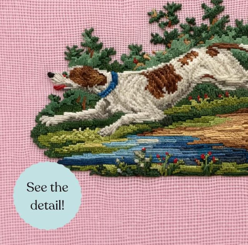 Vintage Hunting Dog Needlepoint Art - Pink Cottagecore Antique Country Print image 3