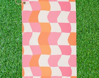 Colourful Womens Golf Towels, Pink Orange Retro Golf Accessory, Golf Gift for Her, Ladies Golf Gift,