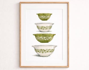 Mid Century grüne Rührschüssel Druck, Retro Pyrex Cottagecore Küchenkunst