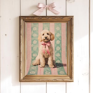 Goldendoodle Fine Art Print - Coquette Bow Dog Wall Art, Preppy Pink & Green Vintage Painting, Nursery Art Print