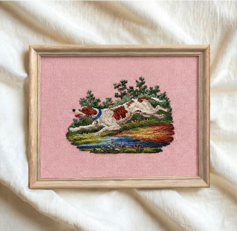 Vintage Hunting Dog Needlepoint Art - Pink Cottagecore Antique Country Print image 4