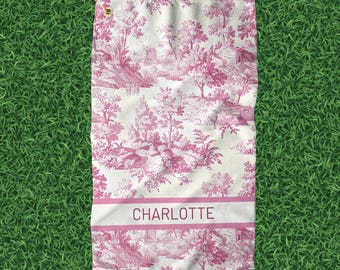 Pink Chinoiserie Golf Towel - Custom French Toile de Jouy Personalized Gift for Women&#39;s Golf, Monogrammed Ladies Golf Accessory