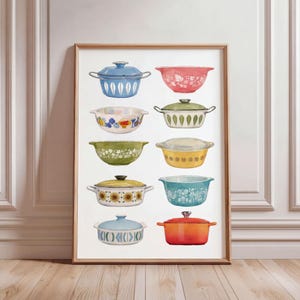 Lámina vintage de Pyrex, arte de cuencos para mezclar retro, póster de cocina nostálgico, decoración del hogar con vajilla de mediados de siglo