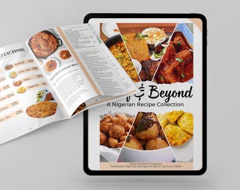 Peut inclure: Un livre de cuisine intitulé "Nigerian Dishes & Beyond: A Nigerian Recipe Collection" avec des images de divers plats nigérians, notamment des plantains frits, du riz jollof et du poulet en sauce.