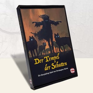 May include: A black board game box titled "Der Tempel der Schatten." The cover art features a silhouetted figure with outstretched arms and glowing eyes, surrounded by wolves with glowing eyes against an orange sky.