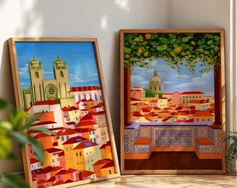 Set of 2 Portugal Digital Wall Art, Lisbon, Porto, Travel Poster, Dopamine Decor, Maximalist Aesthetic Home Decor, Colorful Summer Print