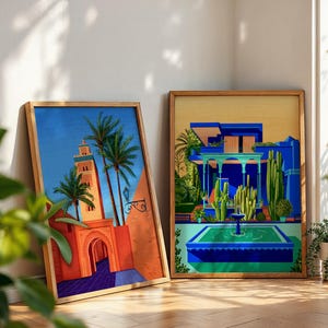 2er Set Marrakesch Wandkunst, Jardin Majorelle, Buntes Marokkanisches Reiseplakat, Dopamin Dekor, Eklektisches Dekor, Wüsten Dekor,