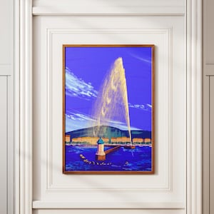 Lake Geneva Travel Wall Art, Switzerland Digital Print, Jet d&#39;Eau Fountain Poster, Maximalist Colorful Art, Dopamine Decor