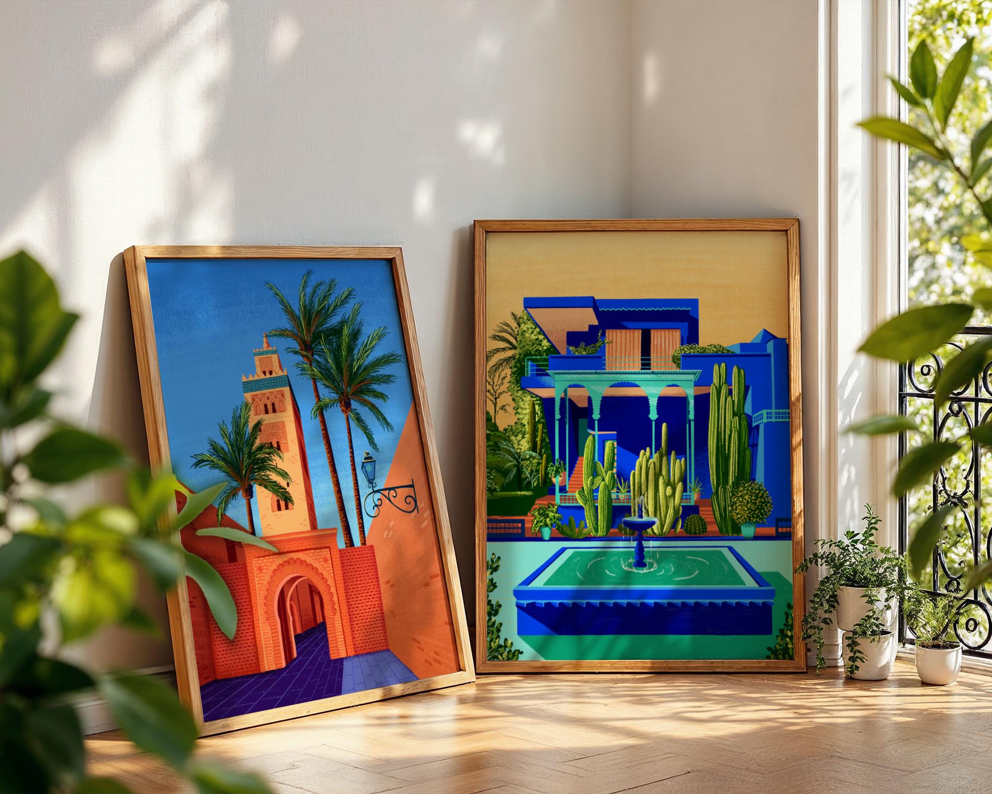 Set of 2 Marrakech Wall Art, Jardin Majorelle, Colorful Moroccan Travel Poster, Dopamine Decor, Eclectic Decor, Desert Decor,