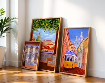 Set of 3 Portugal Digital Wall Art, Lisbon, Porto, Travel Poster, Dopamine Decor, Maximalist Aesthetic Home Decor, Colorful Summer Print