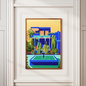 Jardin Majorelle Wandkunst, Buntes Marokkanisches Reiseplakat, Marrakesch Kunstdruck, Mediterrane Architektur, Eklektische Dekoration, Wüstendekor