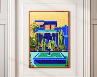 Jardin Majorelle Wandkunst, Buntes Marokkanisches Reiseplakat, Marrakesch Kunstdruck, Mediterrane Architektur, Eklektische Dekoration, Wüstendekor