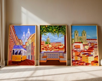 Set of 3 Portugal Digital Wall Art, Lisbon, Porto, Travel Poster, Dopamine Decor, Maximalist Aesthetic Home Decor, Colorful Summer Print