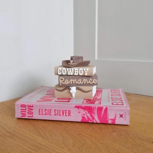 May include: A stack of three miniature books topped with a brown cowboy hat featuring a small pink heart. The books are labeled with the text COWBOY, Romance, and a white steer skull graphic. This stack rests on a pink book titled WILD LOVE.