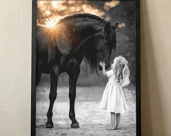 Black Horse & Girl Art Print – Dreamy Nursery Wall Decor (Digital Download + Print)