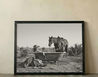Cowgirl Bathtub Art, Western Horse Poster, Black White Print, Ranch Decor, Old Farmhouse