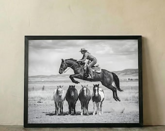 Cowgirl Jumping Horse Art, Black White Western Wall Decor, Ranch Photography, Farmhouse Print