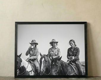 Cowgirls Coffee Poster, Western Women Horses, Farmhouse Table Decor, Vintage Ranch Photo, Rustic Black White Wall Art, Country Printable