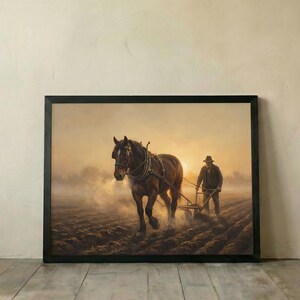 Art mural cheval, impression cheval de trait, décoration de ferme, art de bureau rustique, peinture cheval au travail