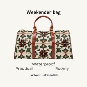 Floral antique tile waterproof travel duffle bag with shoulder strap, vintage boho weekender bag for carry-on or gym use