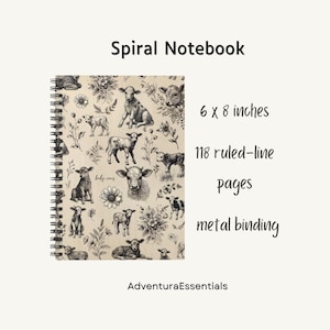 Spiral notebook - farmhouse cow print, 6x8 journal, ruled pages, durable cover, metal binding, pocket for storage