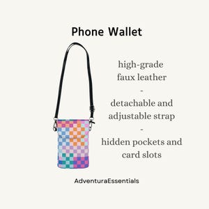 Cartera para teléfono de piel sintética: bolso bandolera a cuadros pastel, correa desmontable, múltiples compartimentos, cierre a presión y con cremallera