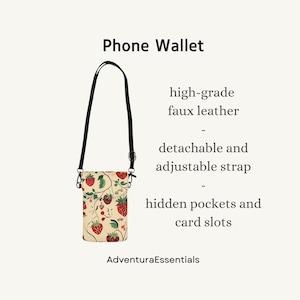 Cartera para teléfono de piel sintética con diseño vintage de fresa: bolso bandolera botánico retro con ranuras para tarjetas y correa ajustable