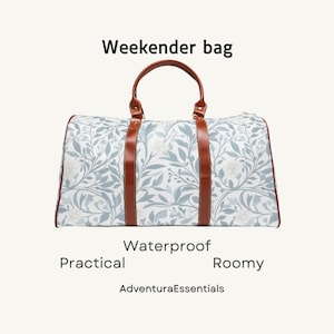 Botanical waterproof duffle bag with adjustable strap, vintage style blue travel bag, weekender gym carry-on tote