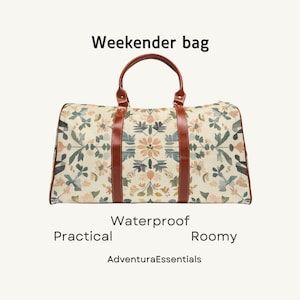 Vintage floral waterproof duffle bag with adjustable strap, retro botanical travel tote, large weekender carry-on