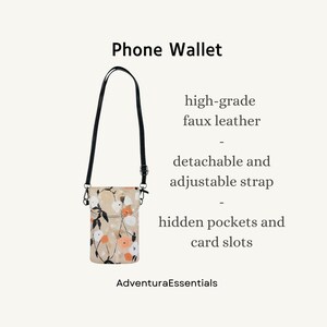 Portefeuille pour téléphone floral neutre avec lanière, pochette bandoulière en similicuir, mini sac à main botanique beige avec fentes pour cartes