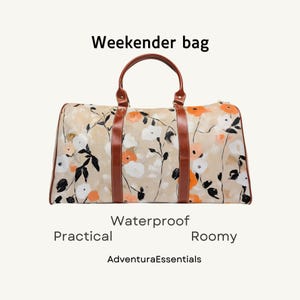 Neutral floral waterproof duffle bag with adjustable strap, abstract print weekender tote, durable travel carry-on bag