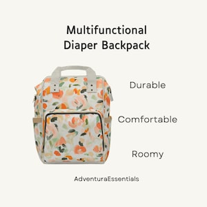 Blumen Windelrucksack, Pfirsich und Grün Aquarell Babytasche mit Taschen und Kinderwagengurten, wasserdichte große Windeltasche für Mütter