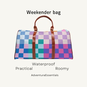 Retro checkerboard weekender bag – colorful checkered duffle, waterproof travel bag, stylish carry-on tote, 90s aesthetic overnight luggage