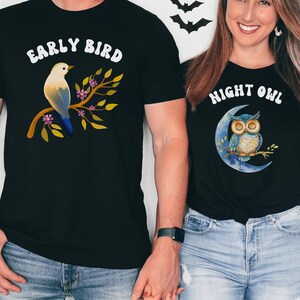 Funny Matching Couples Halloween Shirts, EarlyBird NightOwl His and Hers Halloween Costume Tees, Cute Spooky Season T-Shirts Halloween Party