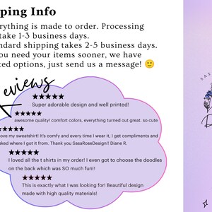 May include: A digital graphic featuring a purple cloud-shaped text box containing five-star customer reviews for SasaRoseDesign. The text includes feedback about sweatshirts and t-shirts. A logo with a line drawing of a person holding flowers is present.