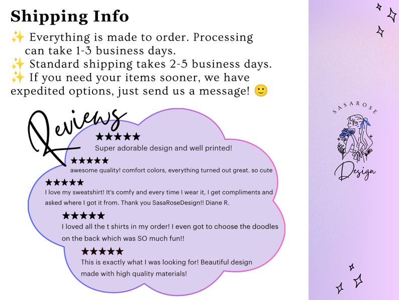 May include: A digital graphic featuring a purple cloud-shaped text box containing five-star customer reviews for SasaRoseDesign. The text includes feedback about sweatshirts and t-shirts. A logo with a line drawing of a person holding flowers is present.