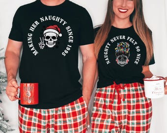 Funny Christmas Couple Pajamas – Raunchy Matching Holiday PJs, Rude Inappropriate Shirts, Vintage Naughty Christmas Sleepwear