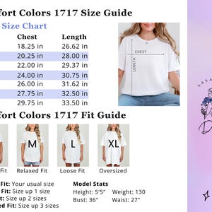 May include: Comfort Colors 1717 size guide and fit chart featuring a table with chest and length measurements in inches for sizes S through 4XL. Includes visual examples of regular, relaxed, loose, and oversized fits, plus model stats.