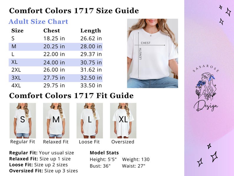 May include: Comfort Colors 1717 size guide and fit chart featuring a table with chest and length measurements in inches for sizes S through 4XL. Includes visual examples of regular, relaxed, loose, and oversized fits, plus model stats.