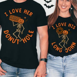 Funny Matching Couples Halloween Shirts, His and Hers Halloween Costume Tees, Cute Spooky Season T-Shirts Halloween Party, Raunchy Donut Tee