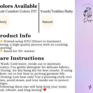 May include: An informational graphic for Comfort Colors 1717 apparel in ivory and natural colors. It details DTG printing, care instructions including cold wash, air drying, and low heat ironing, and features the Sasarose Design logo with floral art.