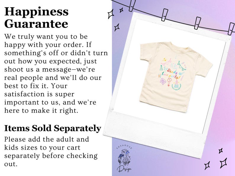 May include: A cream-colored short-sleeve t-shirt featuring a colorful graphic print of party-themed illustrations including balloons, a cake, and bunting, with the text "Ready to party!" centered in the middle of the design.