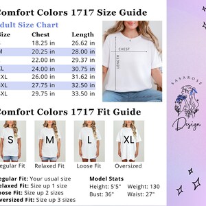 May include: Comfort Colors 1717 size guide and adult size chart with chest and length measurements in inches from S to 4XL. Includes a fit guide showing regular, relaxed, loose, and oversized fits, along with model stats for height, weight, bust, and waist.