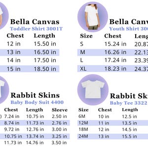 May include: A size chart for Bella Canvas toddler shirt 3001T, youth shirt 3001Y, Rabbit Skins baby body suit 4400, and baby tee 3322. The chart lists chest, length, and sleeve measurements in inches for various sizes from newborn to extra large.