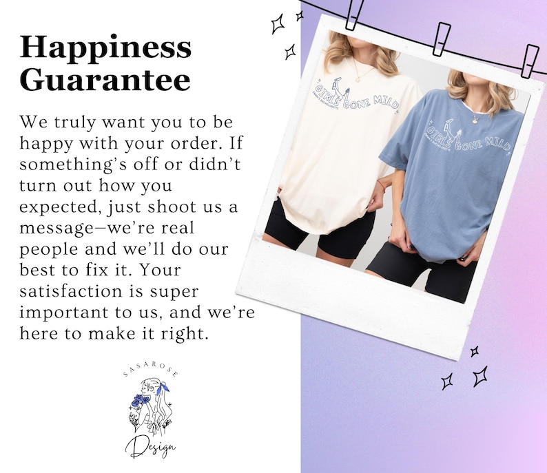 May include: Two short-sleeved t-shirts, one in cream and one in blue, each featuring a graphic print with the text 'GIRLS GONE MILD' and a small illustration. The shirts are worn with black shorts, presented in a polaroid-style frame with star icons.
