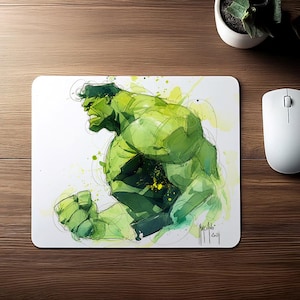 Könnte beinhalten: Eine Aquarell-Illustration von Hulk, einem grünen Superhelden, in einer dynamischen Pose. Das Bild hat einen weißen Hintergrund mit grünen und blauen Aquarellspritzer.