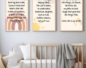 Conjunto de 3 impressões digitais. Estilo boho, ideal para um berçário, quarto ou sala de jogos. Versos lindos que abraçam a individualidade e a diversidade